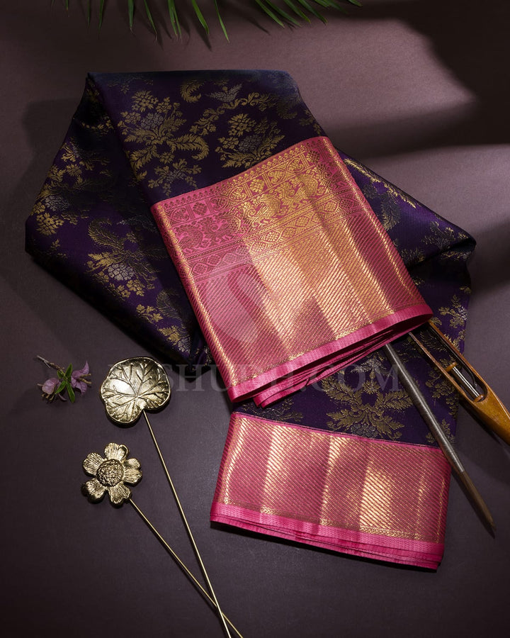 Royal Aubergine With Punch Pink Kanjivaram Silk Saree-S1743(A)