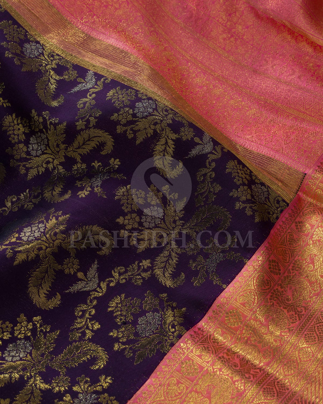 Royal Aubergine With Punch Pink Kanjivaram Silk Saree-S1743(A)