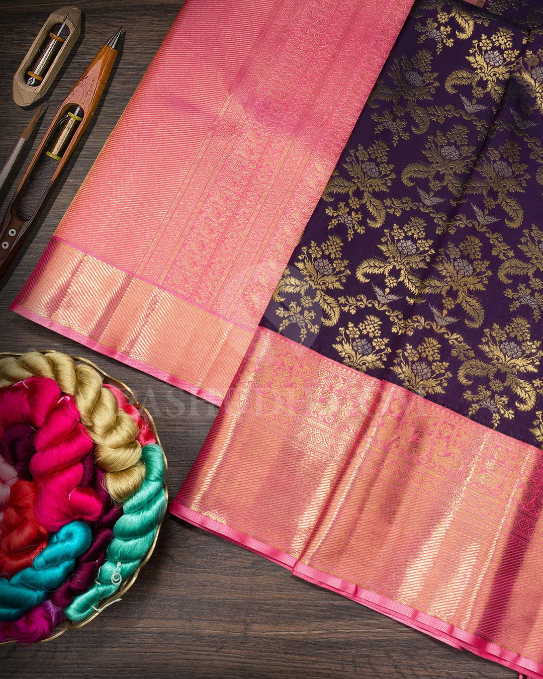 Royal Aubergine With Punch Pink Kanjivaram Silk Saree-S1743(A)