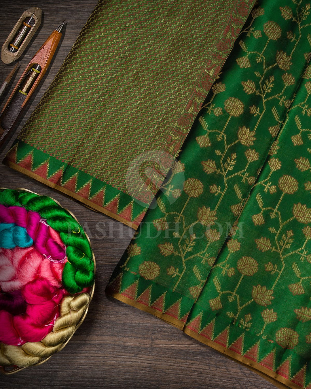 Bottle Green With Red Kanjivaram Silk Saree-D685(A)