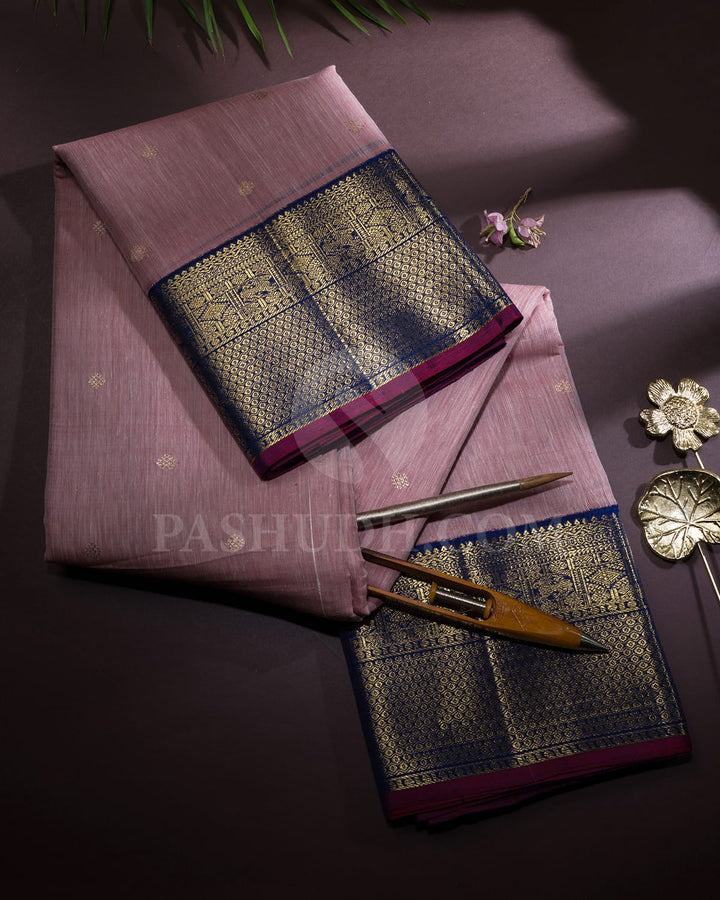 Light Coral Beige And Dark Blue Lenin Kanjivaram Silk Saree-DA1