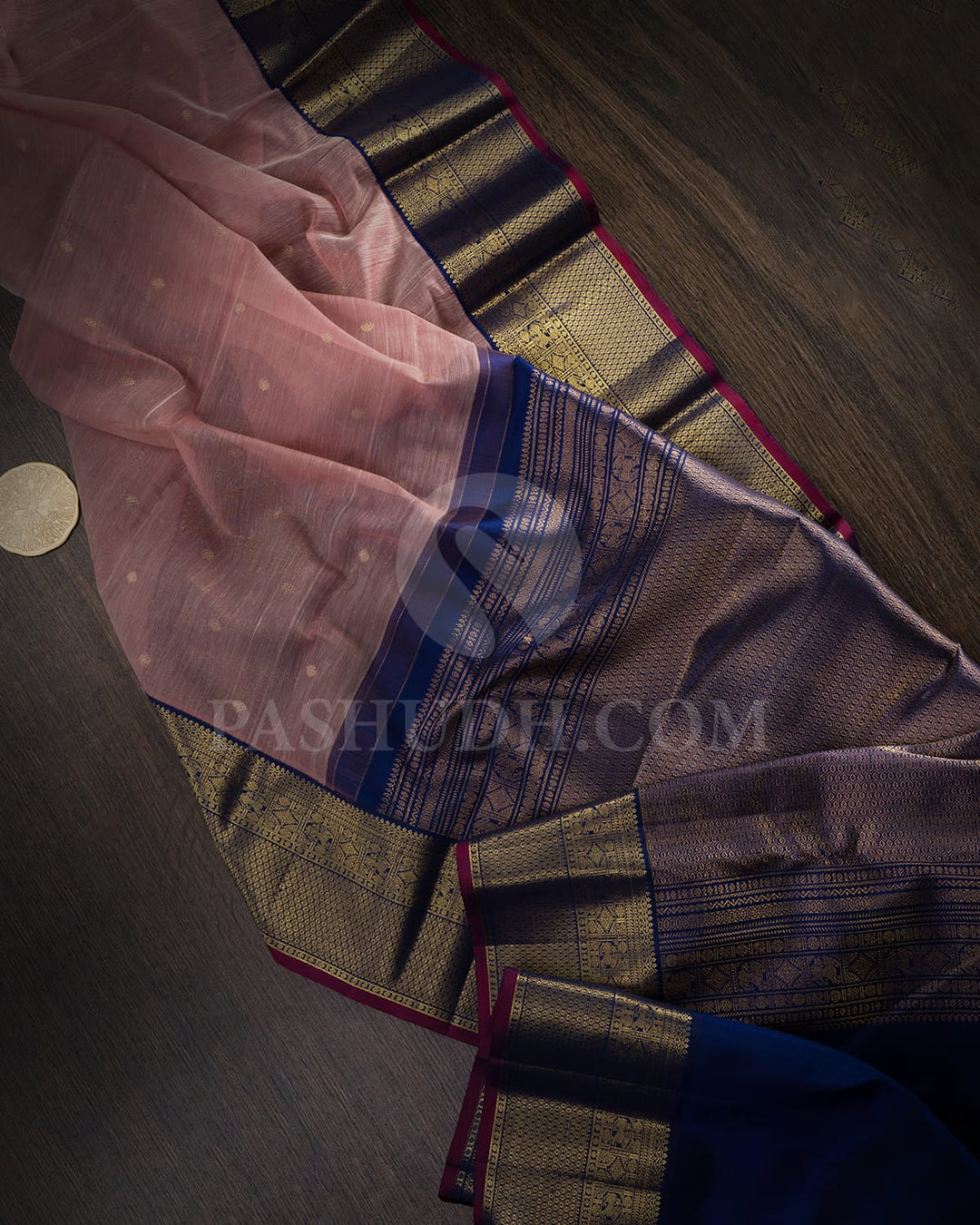 Light Coral Beige And Dark Blue Lenin Kanjivaram Silk Saree-DA1