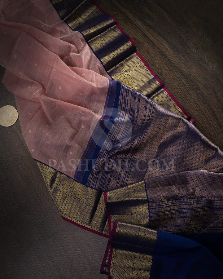Light Coral Beige And Dark Blue Lenin Kanjivaram Silk Saree-DA1