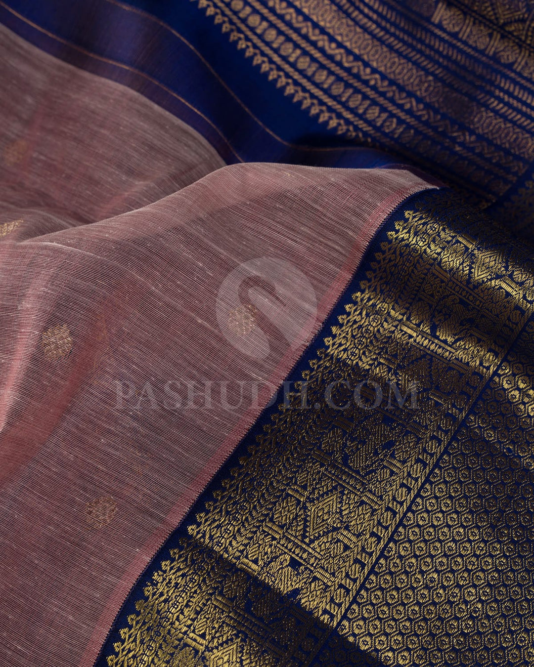 Light Coral Beige And Dark Blue Lenin Kanjivaram Silk Saree-DA1