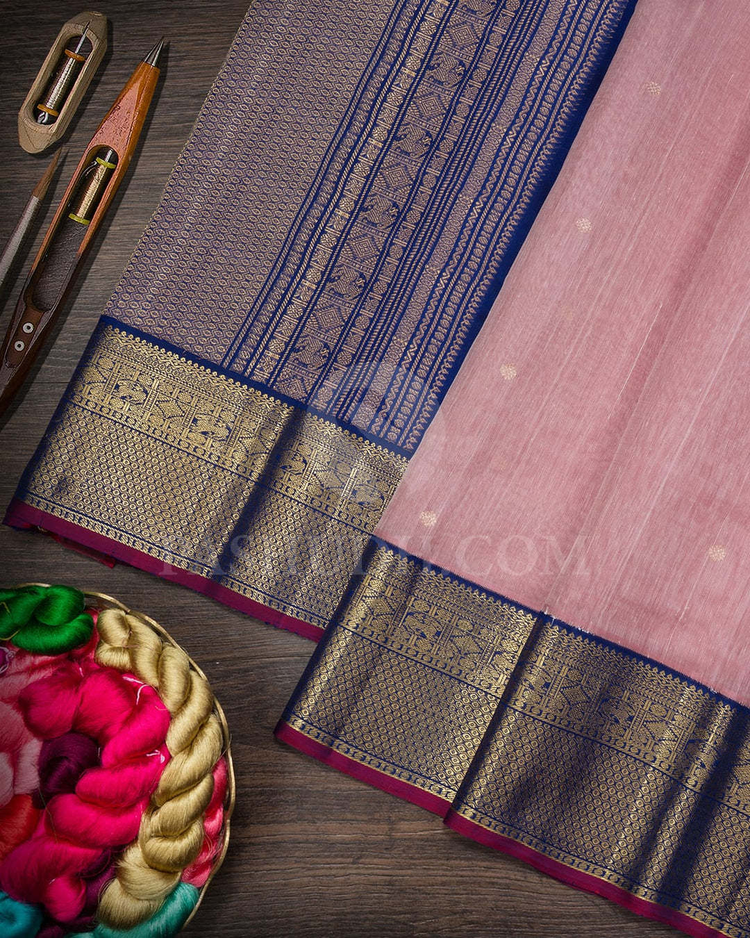 Light Coral Beige And Dark Blue Lenin Kanjivaram Silk Saree-DA1