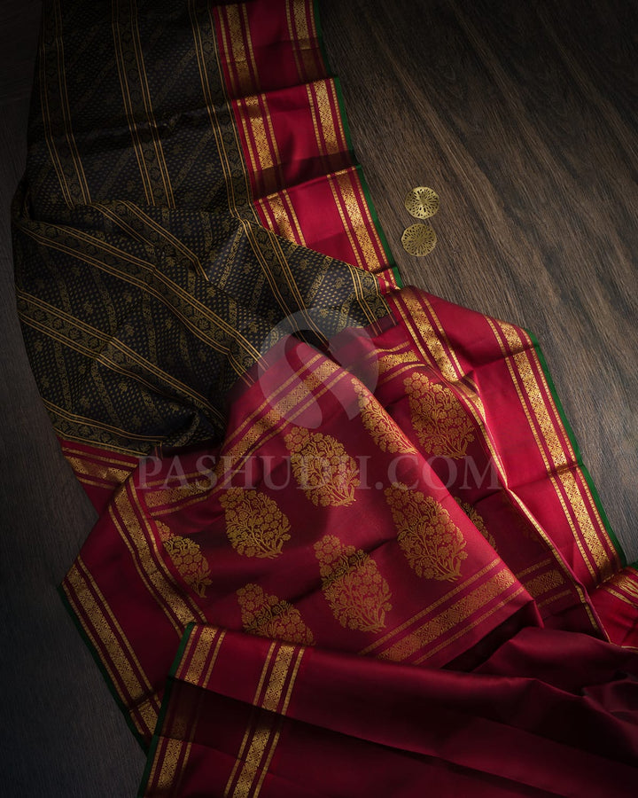 Black With Deep Red Kanjivaram Silk Saree-DJ448(A)