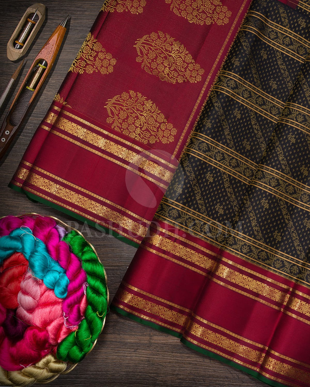 Black With Deep Red Kanjivaram Silk Saree-DJ448(A)