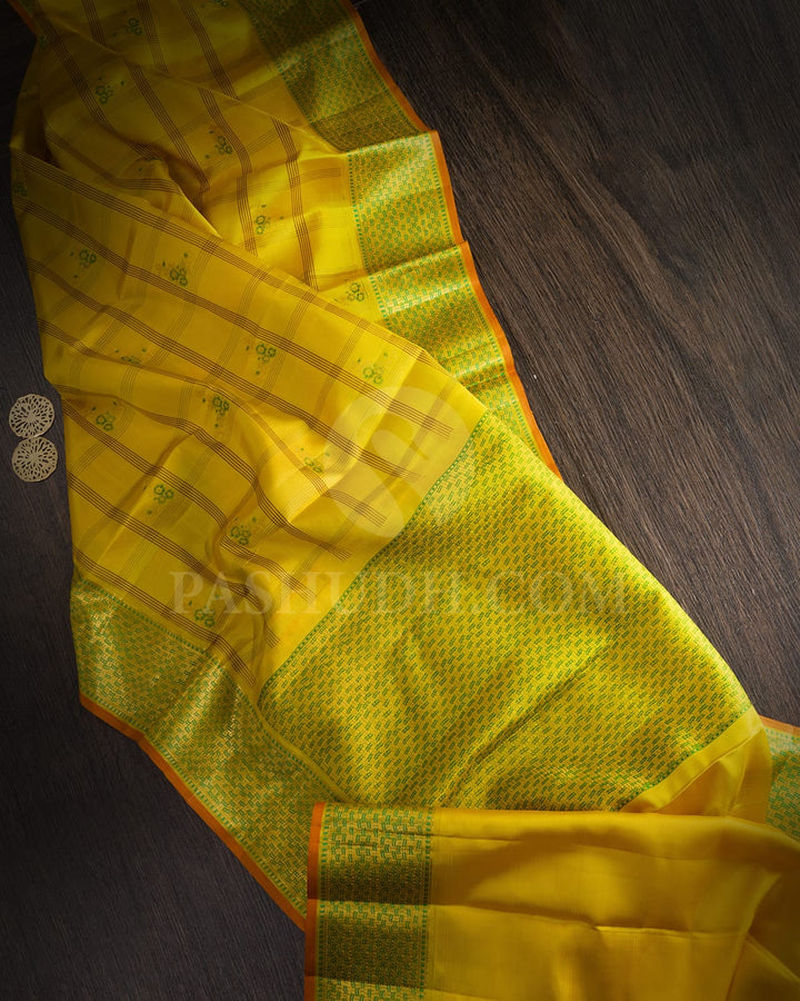 Mustard Yellow And Brown Kanjivaram Silk Saree-DJ446(A)
