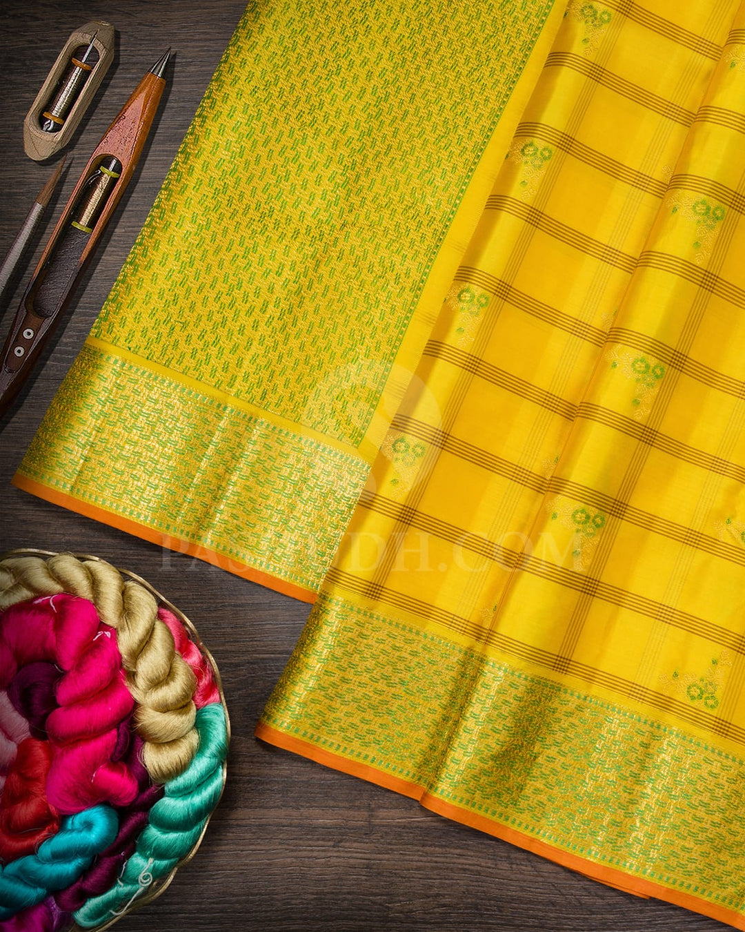 Mustard Yellow And Brown Kanjivaram Silk Saree-DJ446(A)