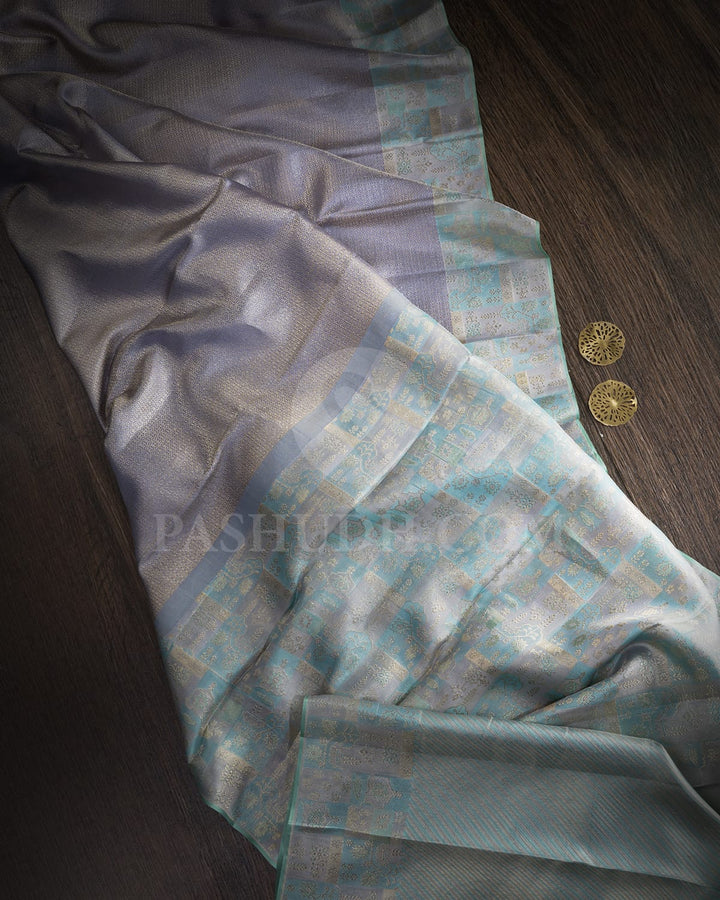 Steel Grey With Sky Blue Kanjivaram Silk Saree-D684(B)