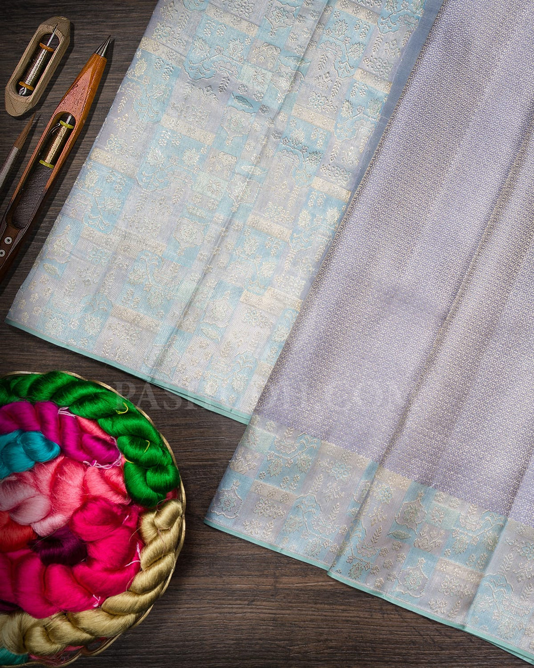 Steel Grey With Sky Blue Kanjivaram Silk Saree-D684(B)