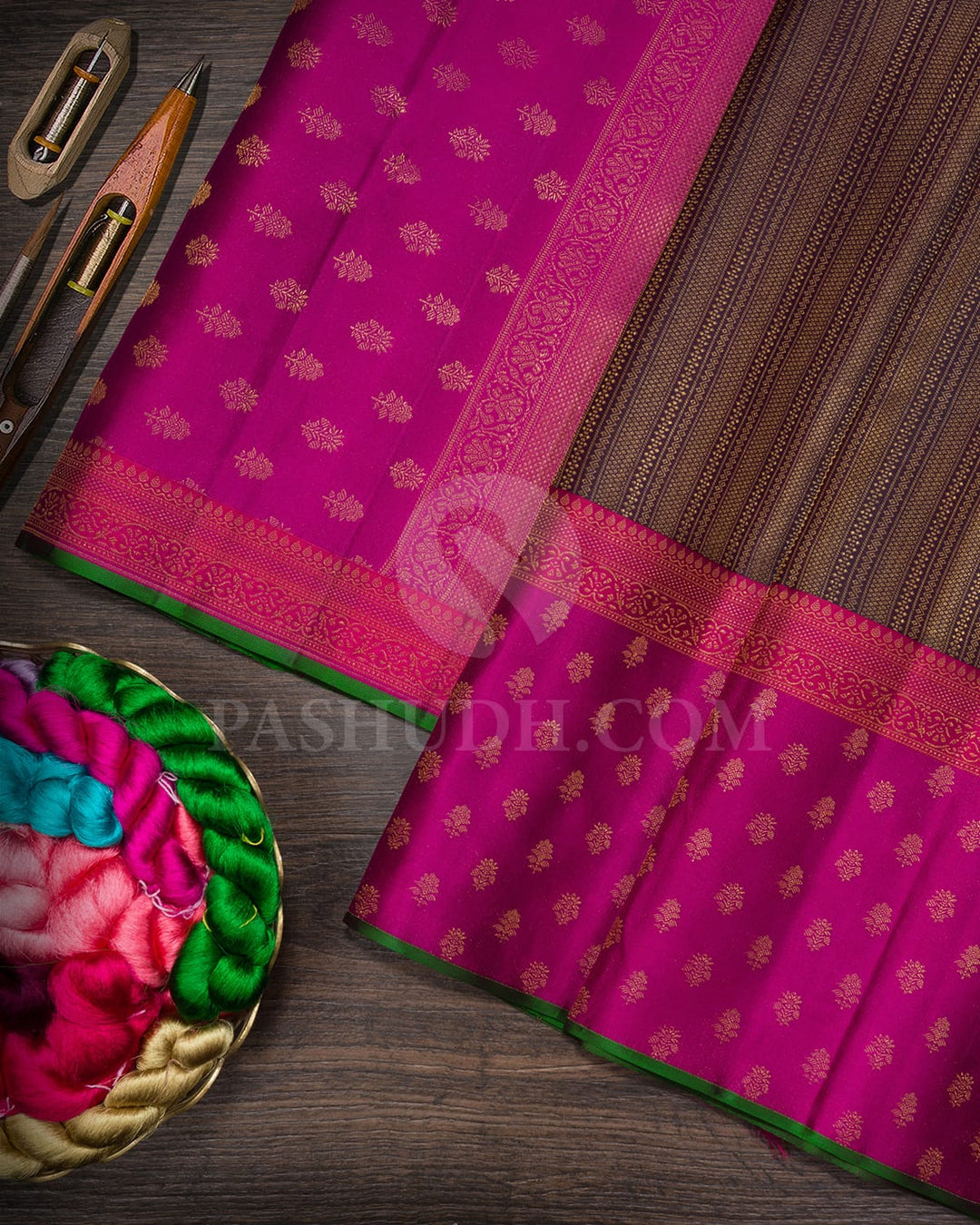 Dark Plum With Magenta Pink Kanjivaram Silk Saree-DJ443(B)