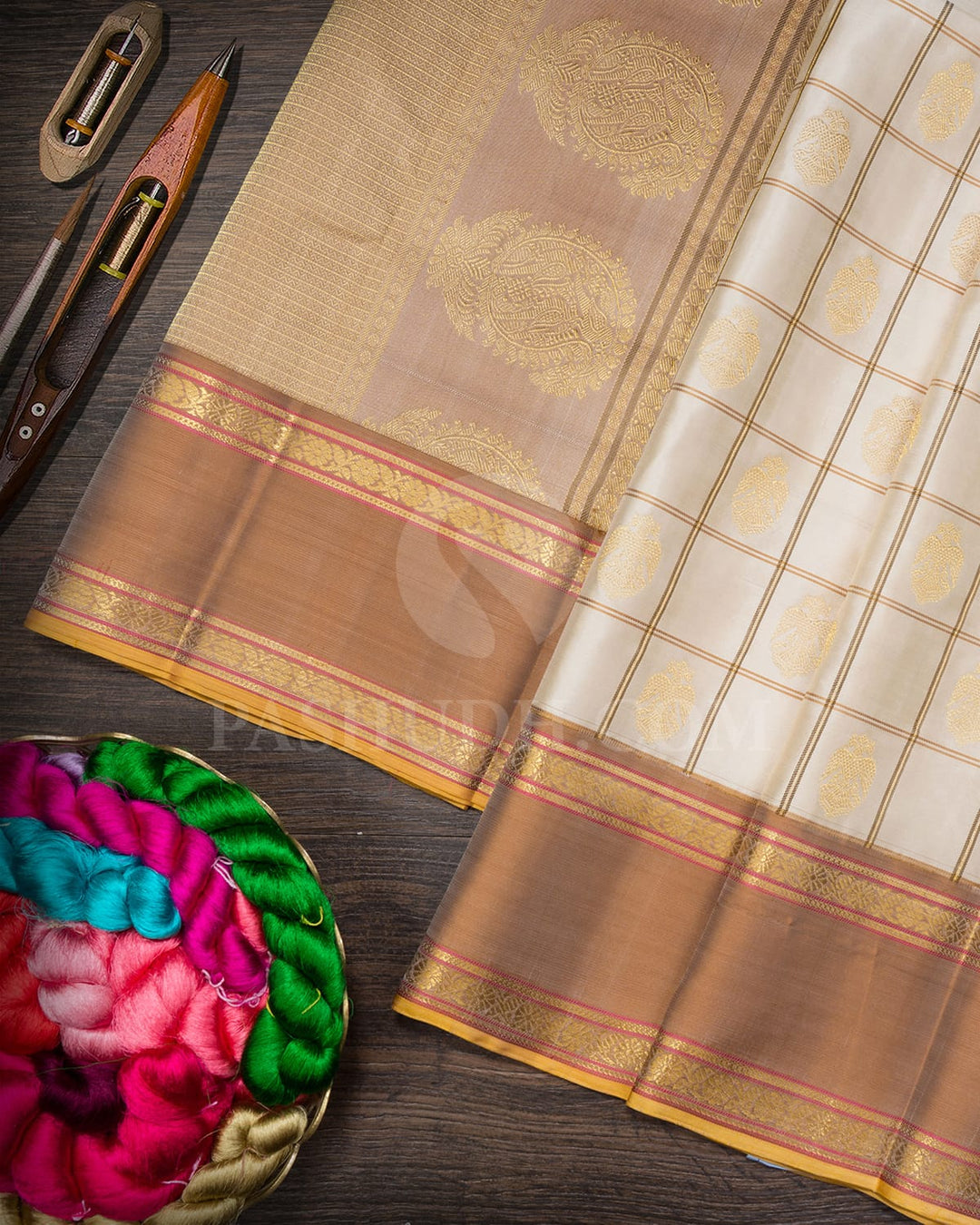 Cream With Fenugreek Brown Kanjivaram Silk Saree-D686(A)