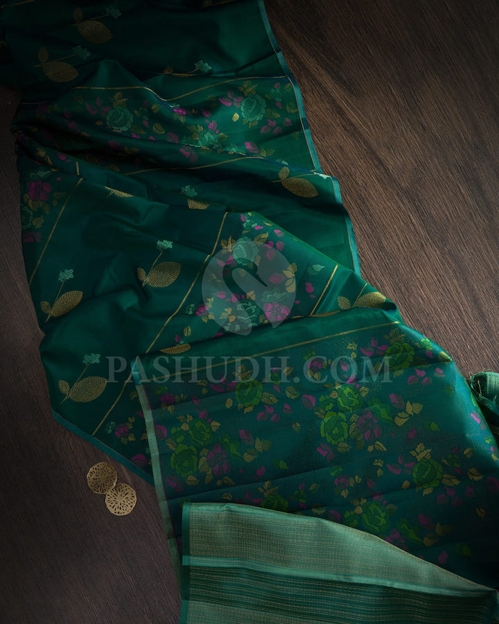 Dual Shaded Emerald Green With Sage Green Kanjivaram Silk Saree-DJ435(B)