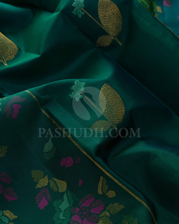 Dual Shaded Emerald Green With Sage Green Kanjivaram Silk Saree-DJ435(B)