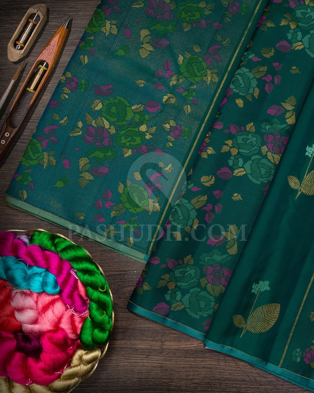 Dual Shaded Emerald Green With Sage Green Kanjivaram Silk Saree-DJ435(B)