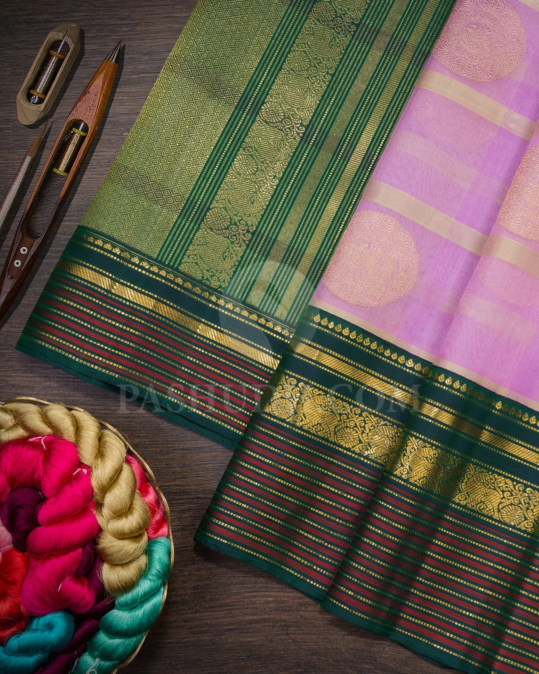 Lavender, Light Green And Bottle Green Organza Kanjivaram Silk Saree-S1698(B)