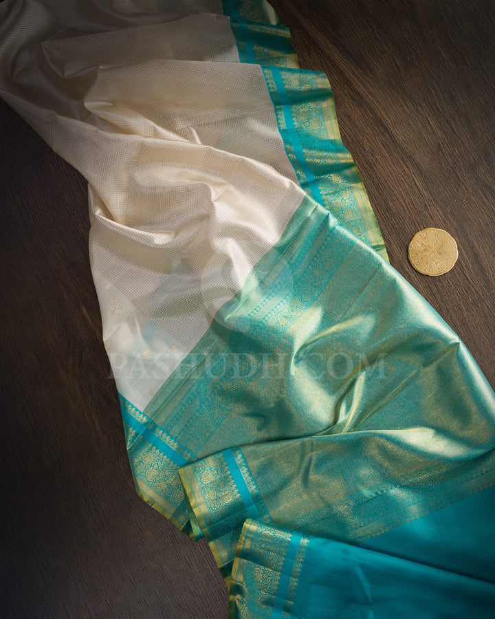 Half White With Sky Blue Kanjivaram Silk Saree-S1730(B)