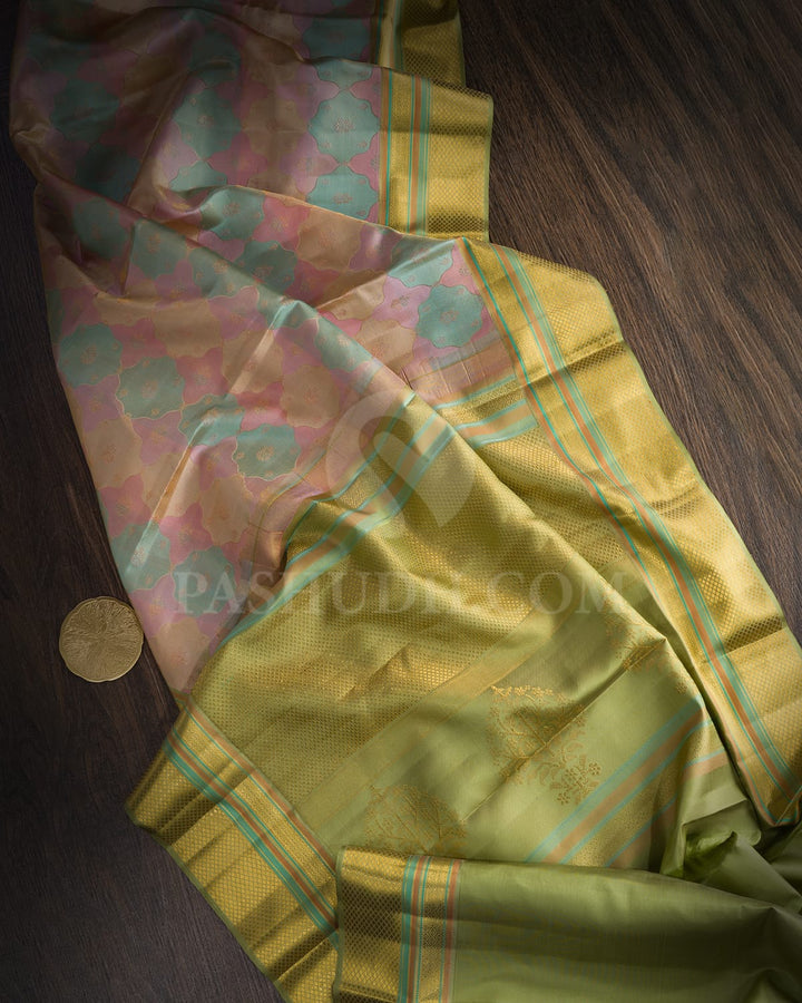 Sky Blue, Baby Pink,Beige And Sage Green Kanjivaram Silk Saree-D661(E)