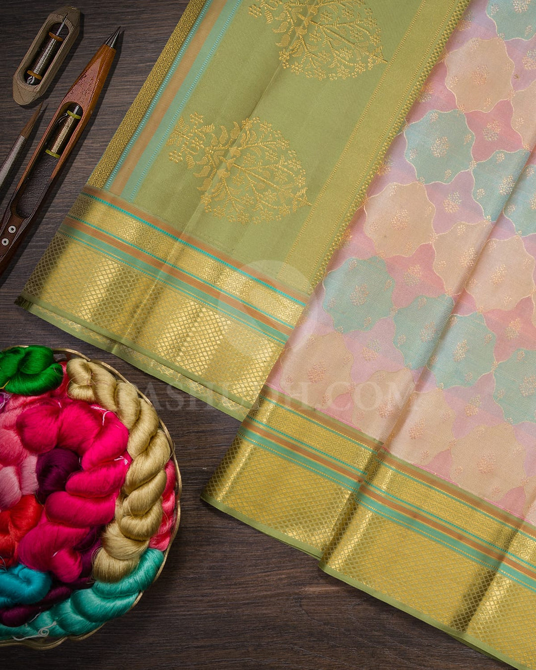 Sky Blue, Baby Pink,Beige And Sage Green Kanjivaram Silk Saree-D661(E)