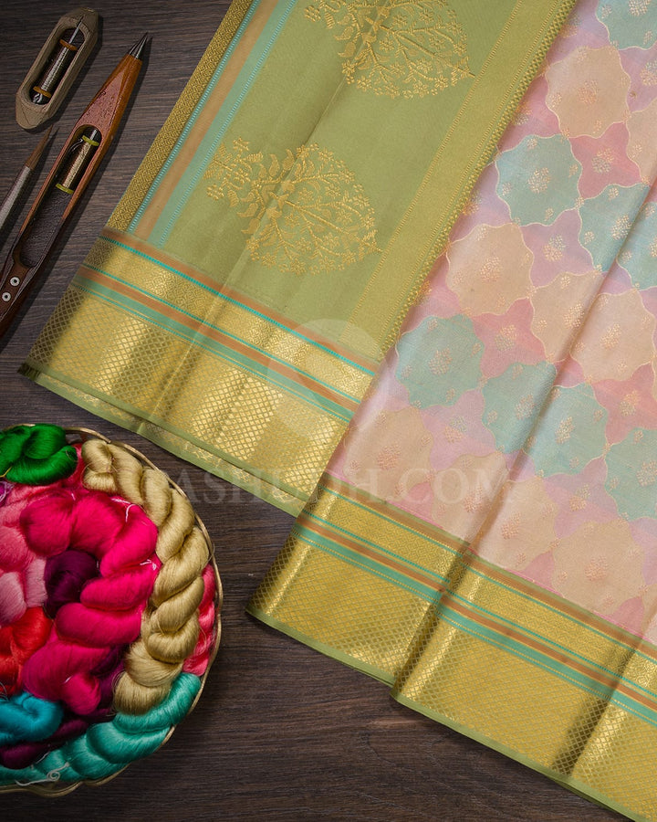 Sky Blue, Baby Pink,Beige And Sage Green Kanjivaram Silk Saree-D661(E)