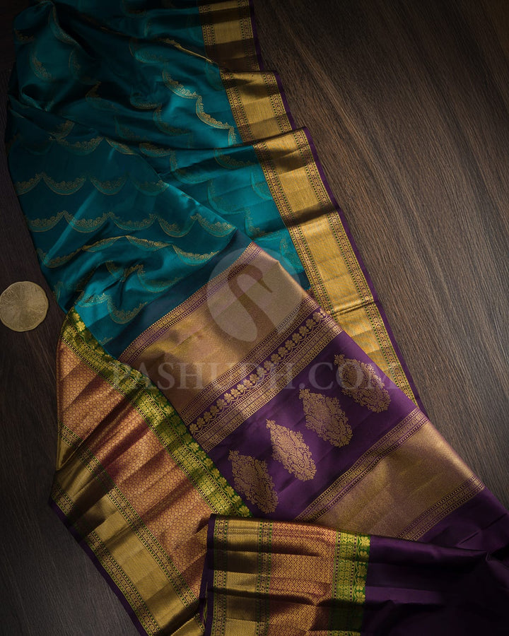 Teal Blue With Purple Kanjivaram Silk Saree-D660(F)