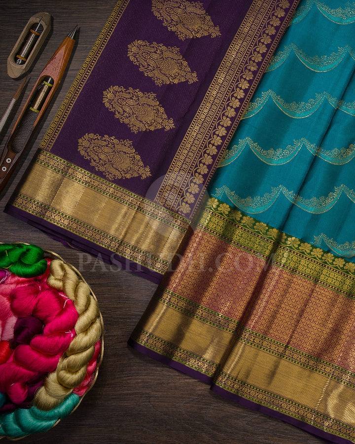 Teal Blue With Purple Kanjivaram Silk Saree-D660(F)