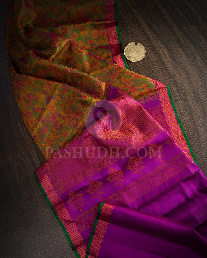 Multi Shades Of Green,Magenta And Mustard Kanjivaram Silk Saree-DJ428(E)