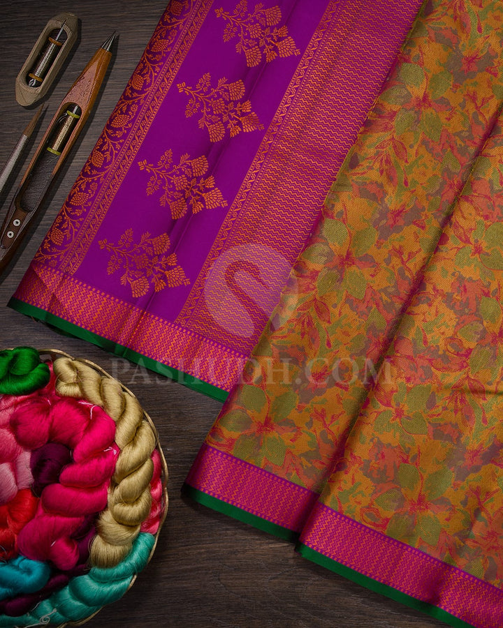 Multi Shades Of Green,Magenta And Mustard Kanjivaram Silk Saree-DJ428(E)