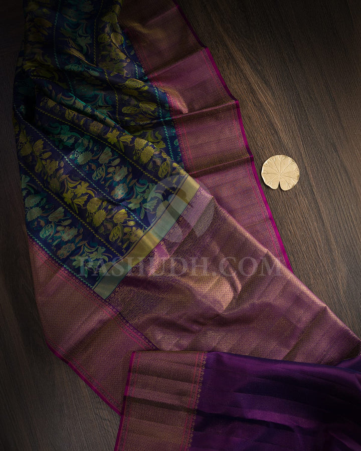 Dark Blue, Pine Green, Olive Green And Purple Kanjivaram Silk Saree-D645(G)