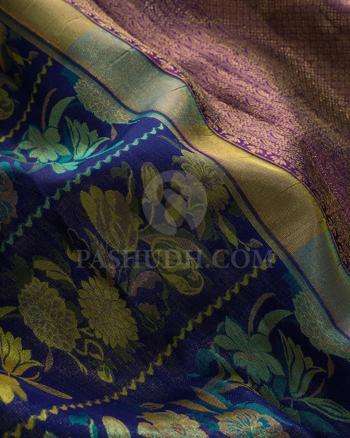 Dark Blue, Pine Green, Olive Green And Purple Kanjivaram Silk Saree-D645(G)