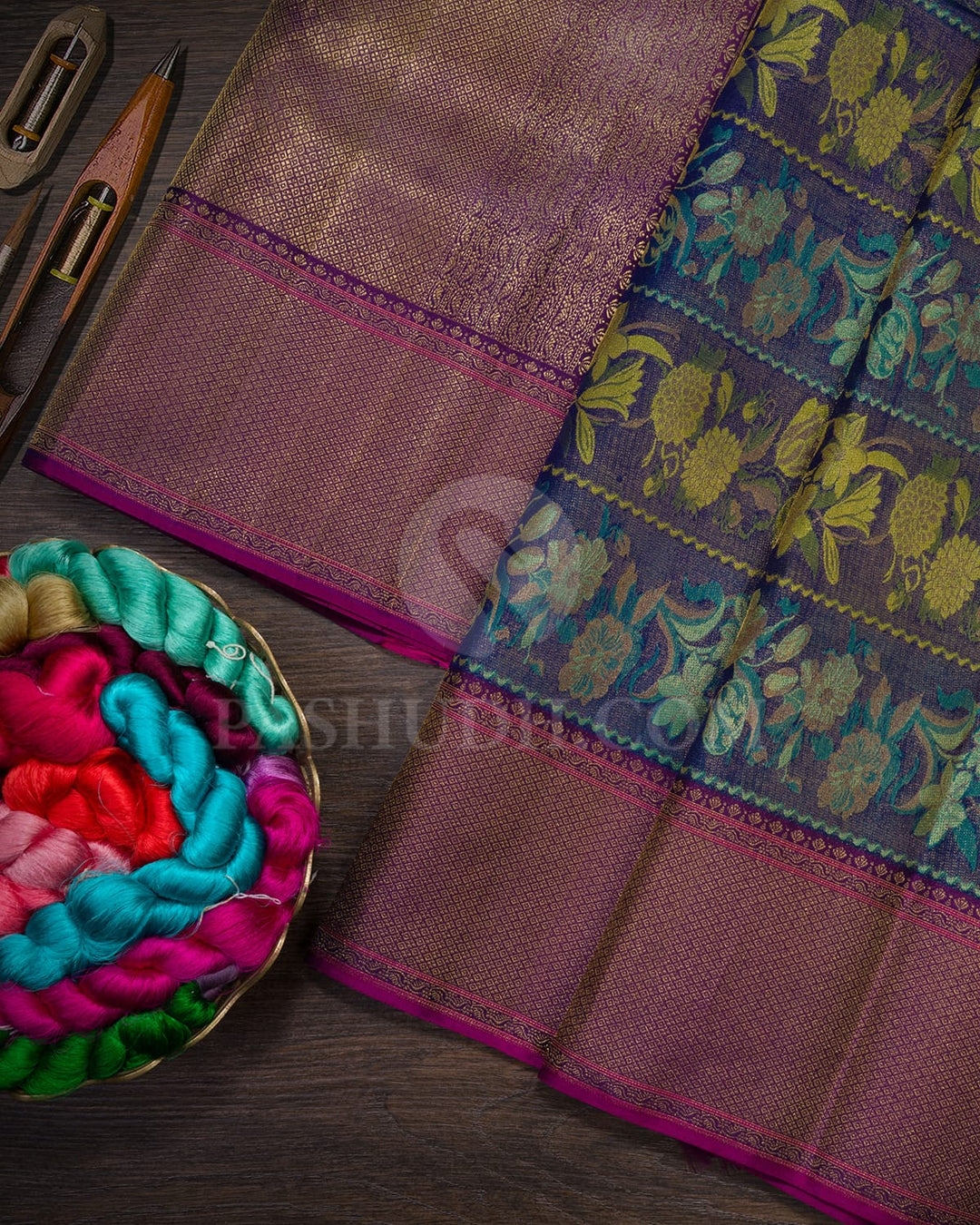 Dark Blue, Pine Green, Olive Green And Purple Kanjivaram Silk Saree-D645(G)