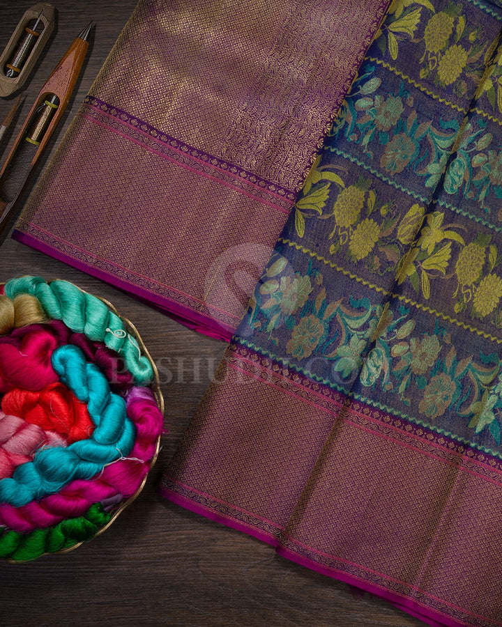 Dark Blue, Pine Green, Olive Green And Purple Kanjivaram Silk Saree-D645(G)