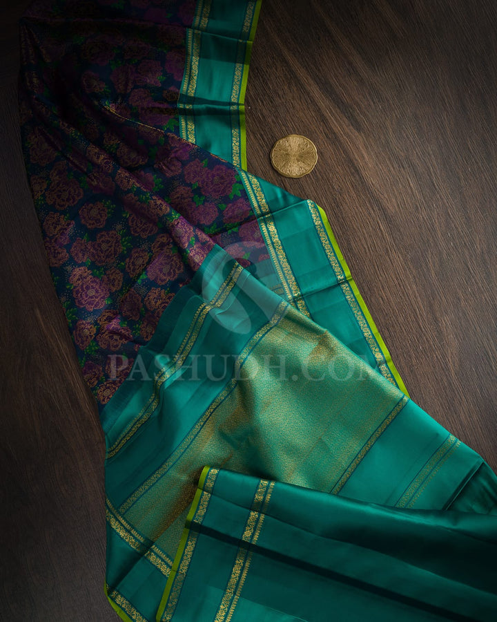 Dual Shaded Peacock Blue And Magenta With Emerald Green Kanjivaram Silk Saree-DJ426(D)