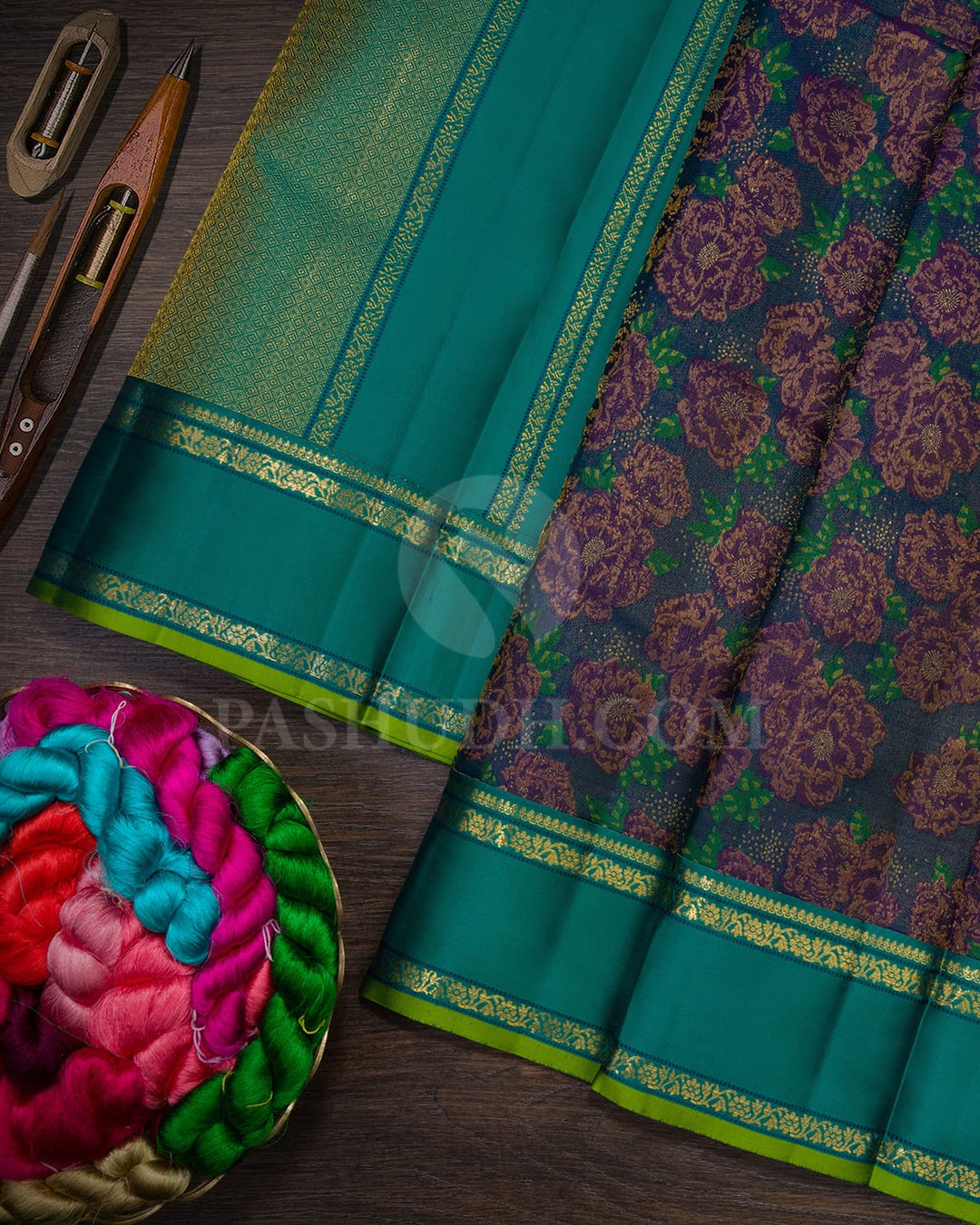 Dual Shaded Peacock Blue And Magenta With Emerald Green Kanjivaram Silk Saree-DJ426(D)