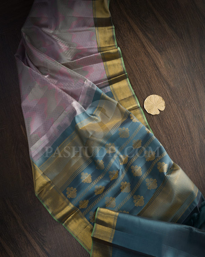 Baby Pink,Grey And Moss Green Kanjivaram Silk Saree-DJ431(C)