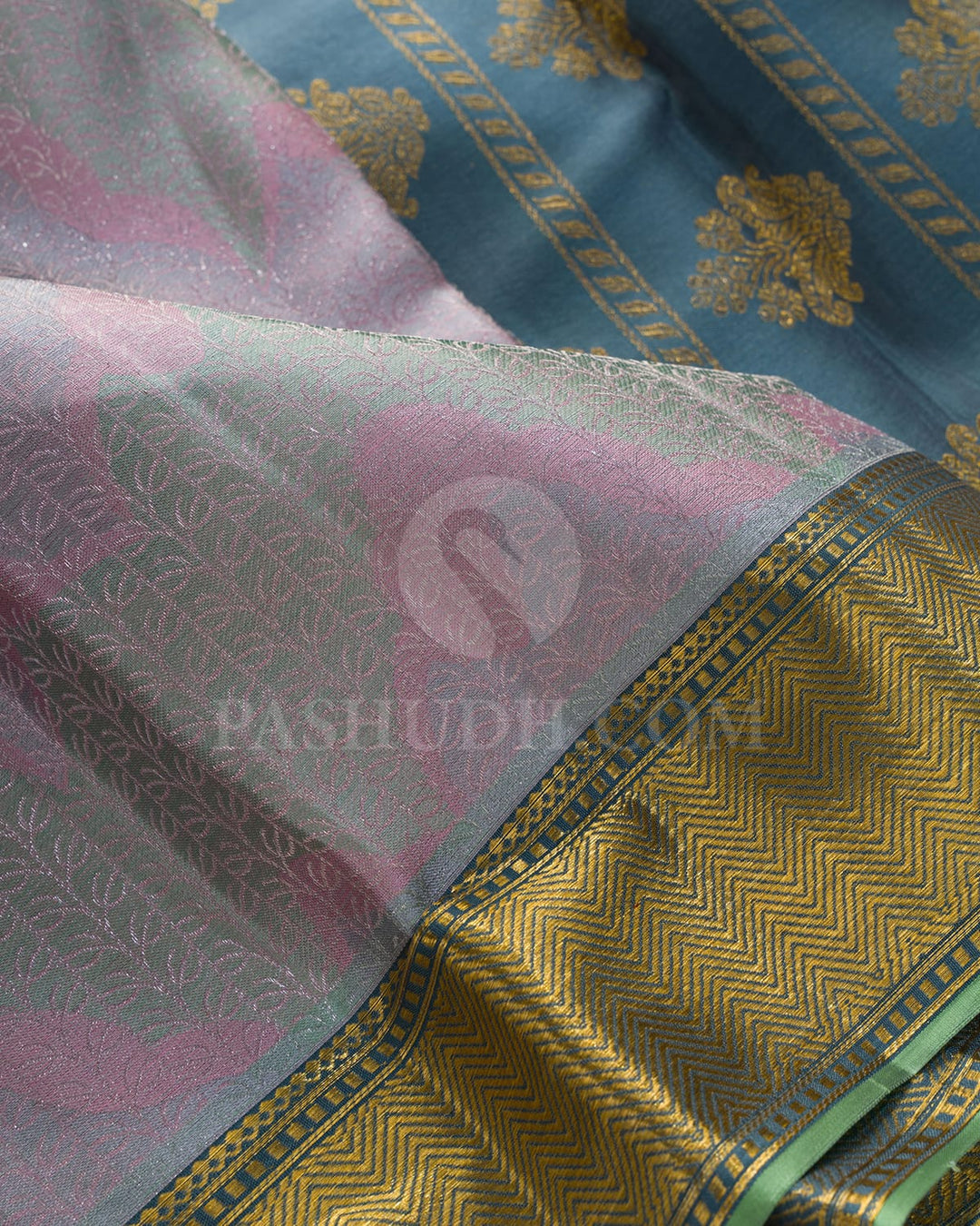 Baby Pink,Grey And Moss Green Kanjivaram Silk Saree-DJ431(C)