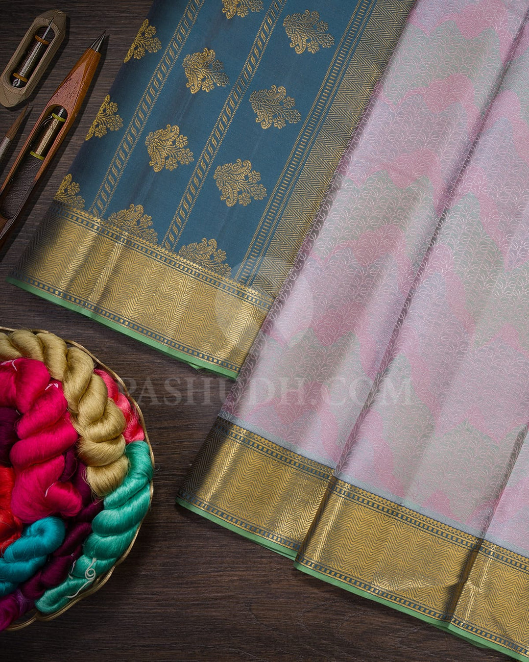 Baby Pink,Grey And Moss Green Kanjivaram Silk Saree-DJ431(C)