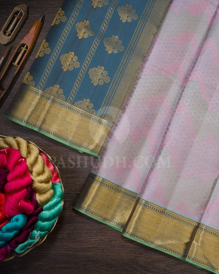 Baby Pink,Grey And Moss Green Kanjivaram Silk Saree-DJ431(C)
