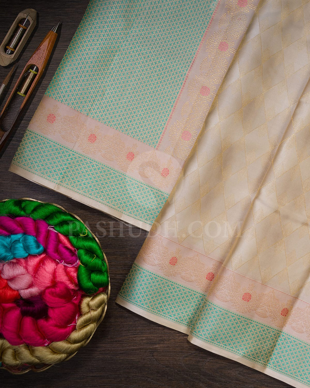 Ivory And Dual Shaded Sandal Kanjivaram Silk Saree-D669(E)