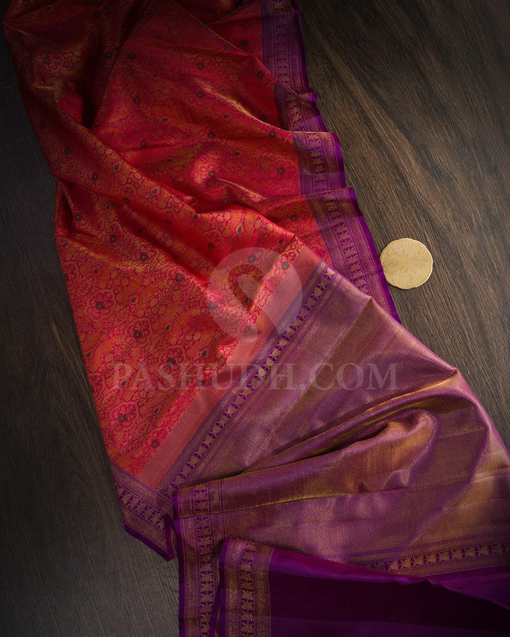 Reddish Pink With Dual Shaded Magenta Kanjivaram Silk Saree-D692(A)