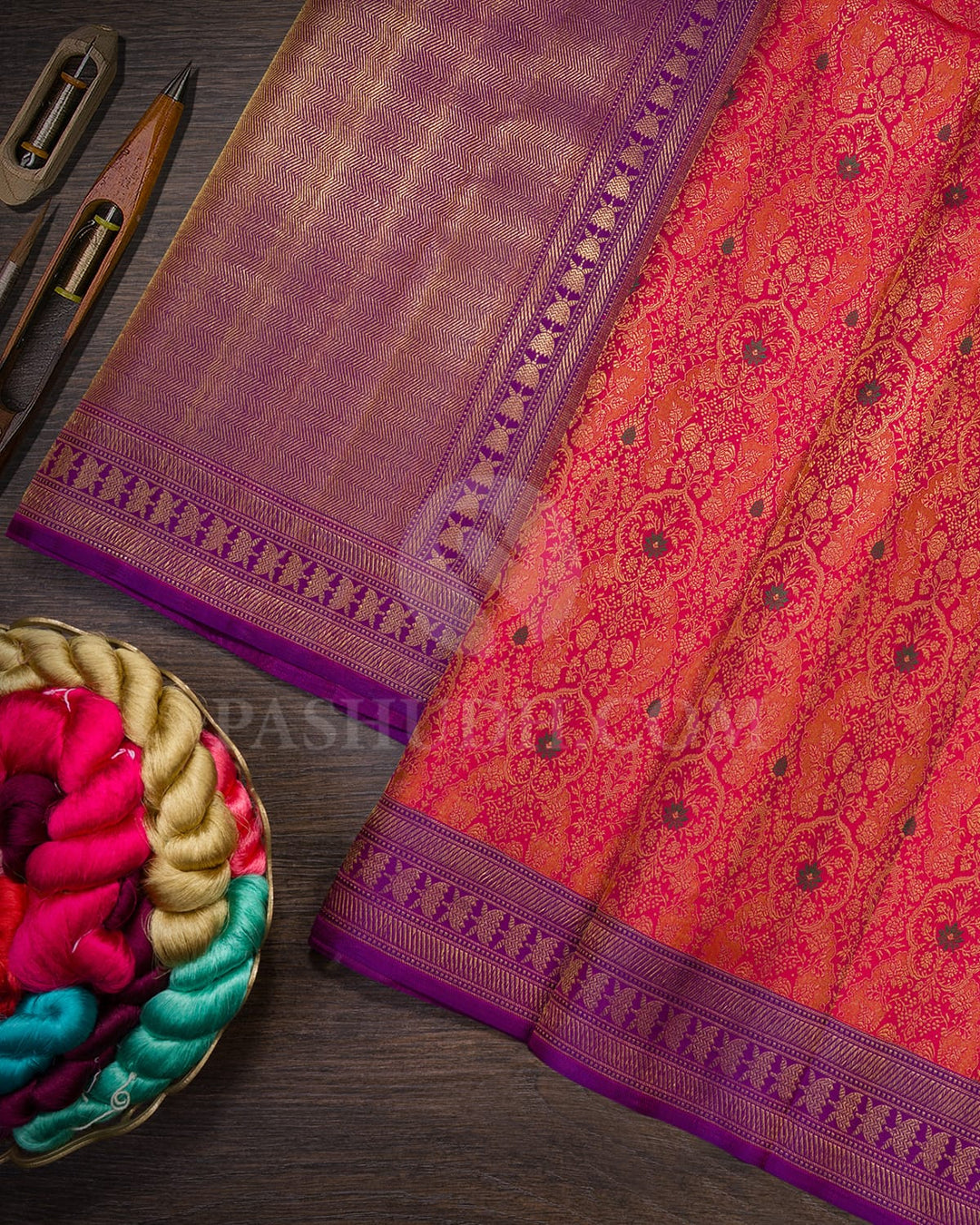 Reddish Pink With Dual Shaded Magenta Kanjivaram Silk Saree-D692(A)