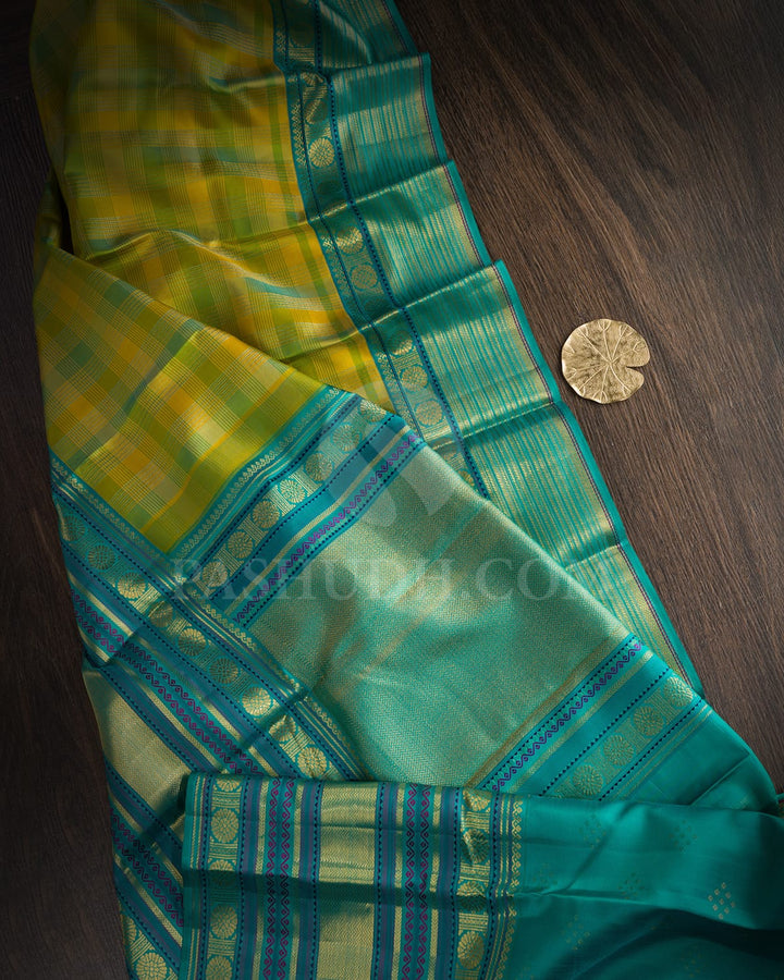 Mustard Yellow,Parrot Green And Sky Blue Kanjivaram Silk Saree-D690(A)