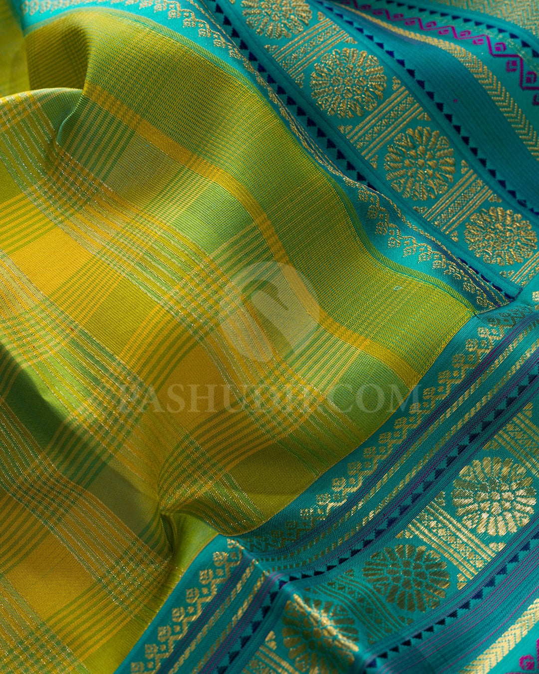 Mustard Yellow,Parrot Green And Sky Blue Kanjivaram Silk Saree-D690(A)