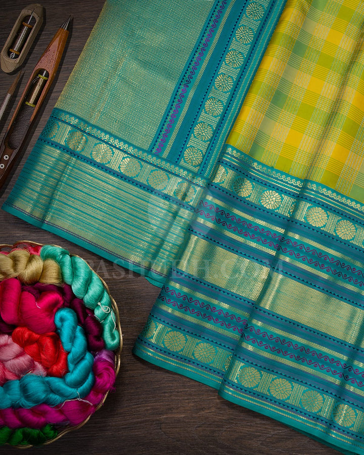 Mustard Yellow,Parrot Green And Sky Blue Kanjivaram Silk Saree-D690(A)