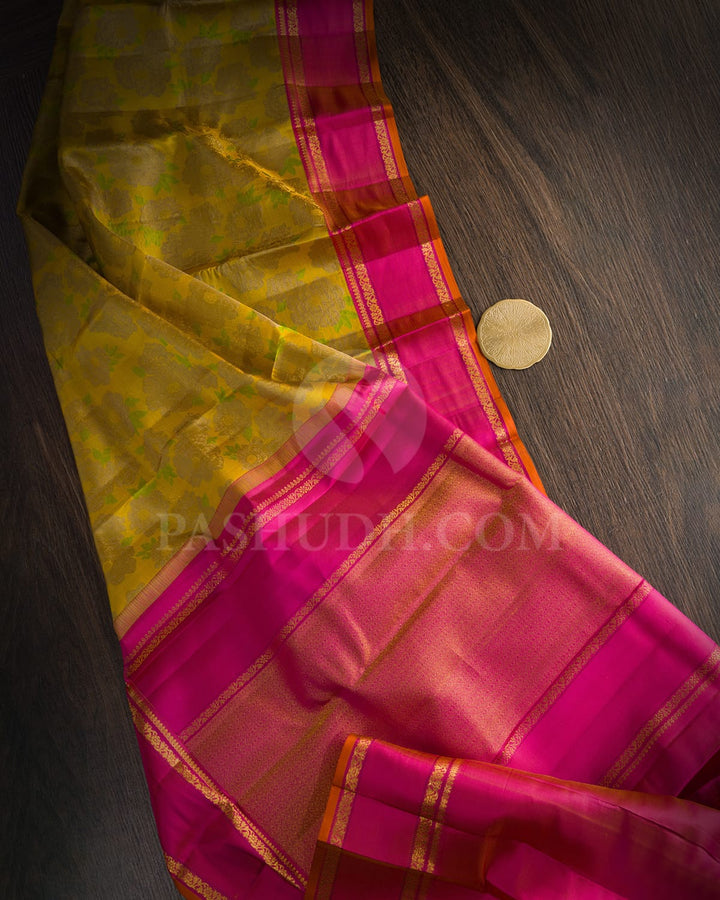 Dual Shaded Mustard Yellow And Leaf Green With Rani Pink Kanjivaram Silk Saree-DJ426(F)