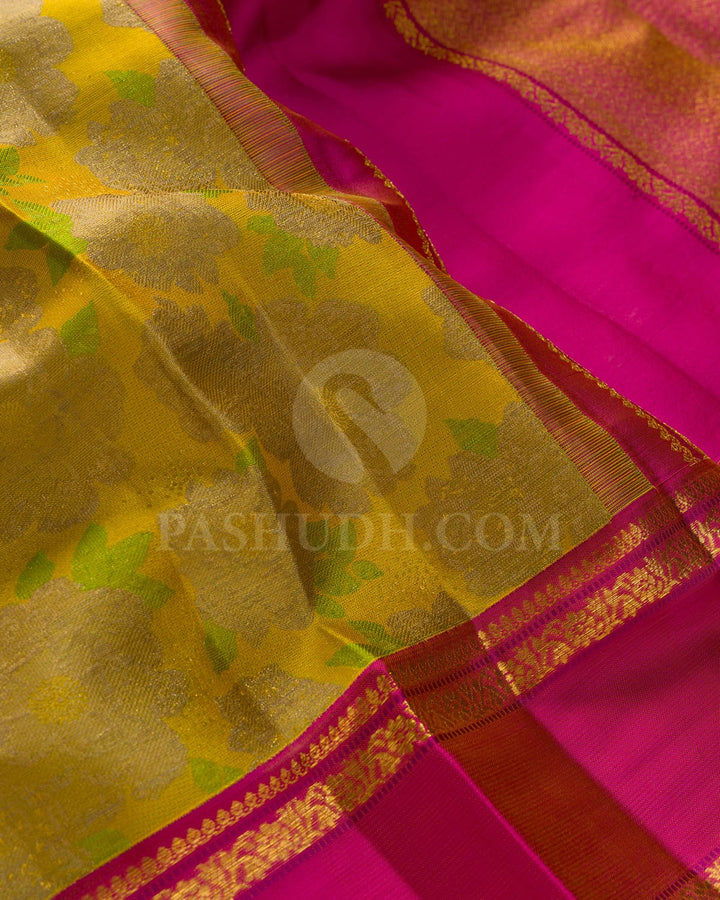 Dual Shaded Mustard Yellow And Leaf Green With Rani Pink Kanjivaram Silk Saree-DJ426(F)