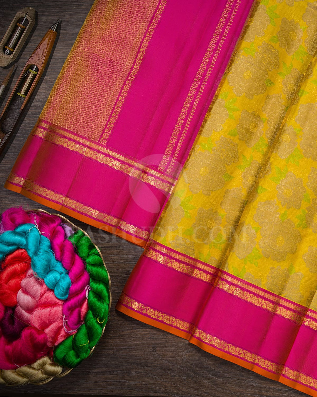 Dual Shaded Mustard Yellow And Leaf Green With Rani Pink Kanjivaram Silk Saree-DJ426(F)