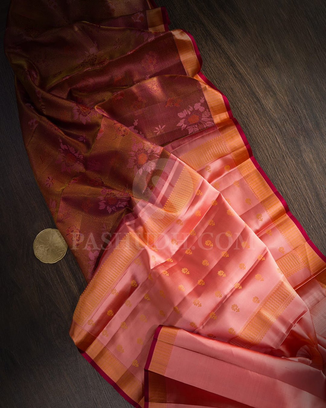 Multishades Of Baby Pink,Rust Orange,Maroon And Wine Kanjivaram Silk Saree-DJ445(B)