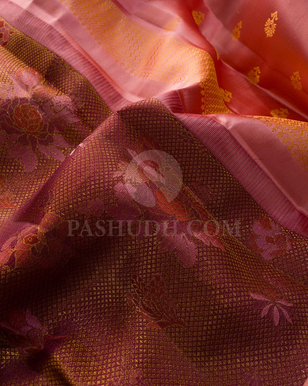 Multishades Of Baby Pink,Rust Orange,Maroon And Wine Kanjivaram Silk Saree-DJ445(B)